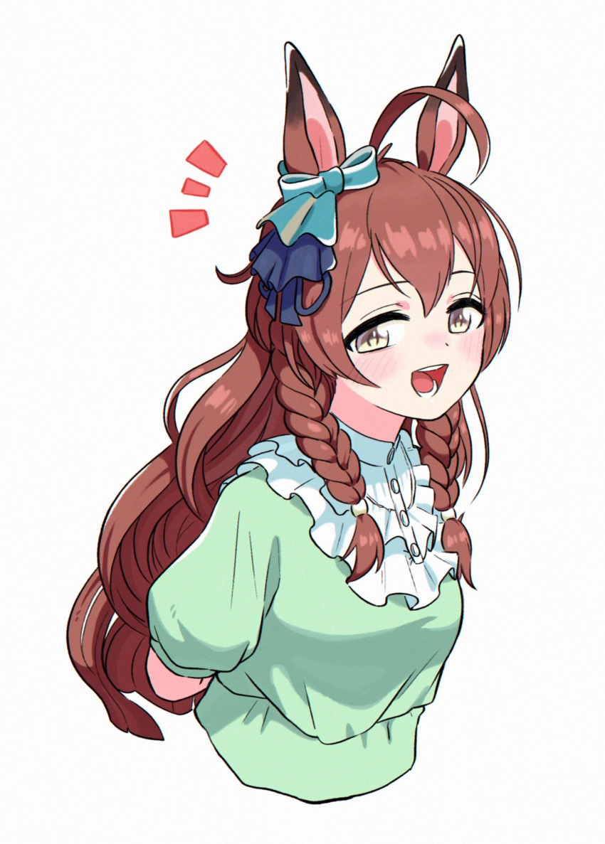 1girl ahoge animal_ears appleq bangs blush braid breasts brown_hair cropped_torso frilled_shirt_collar frills green_shirt grey_background highres horse_ears long_hair looking_at_viewer mejiro_bright_(umamusume) notice_lines open_mouth shirt short_sleeves simple_background small_breasts smile solo teeth tongue twin_braids umamusume upper_body yellow_eyes