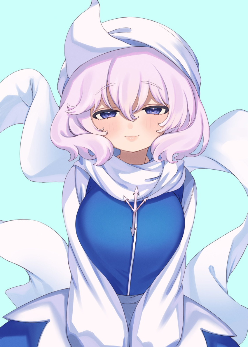 1girl blue_background blue_dress blue_eyes breasts dress e_sdss highres letty_whiterock light_smile looking_at_viewer medium_breasts pink_hair scarf short_hair solo touhou upper_body white_headwear white_scarf