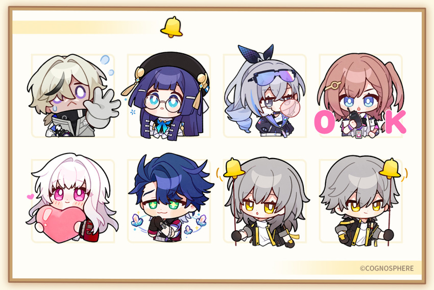 3boys 5girls arlan_(honkai:_star_rail) asta_(honkai:_star_rail) bangs bell black_jacket blush bright_pupils chewing_gum chibi clara_(honkai:_star_rail) female_trailblazer_(honkai:_star_rail) glasses gloves grey_hair hands_in_pockets hat heart holding holding_heart honkai:_star_rail honkai_(series) jacket looking_at_viewer male_trailblazer_(honkai:_star_rail) multiple_boys multiple_girls official_art open_mouth outstretched_hand own_hands_together pela_(honkai:_star_rail) sampo_(honkai:_star_rail) silver_wolf_(honkai:_star_rail) simple_background trailblazer_(honkai:_star_rail) walkie-talkie white_pupils