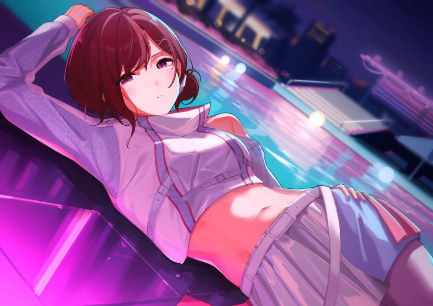 1girl absurdres bangs bare_shoulders belt blurry blurry_background brown_hair commentary_request crop_top dutch_angle hair_ornament hair_ribbon hairclip highres higuchi_madoka idolmaster idolmaster_shiny_colors long_sleeves looking_at_viewer lying miniskirt mole mole_under_eye navel night on_side outdoors pool ribbon short_hair skirt solo swept_bangs tolkn1 violet_eyes white_belt white_skirt