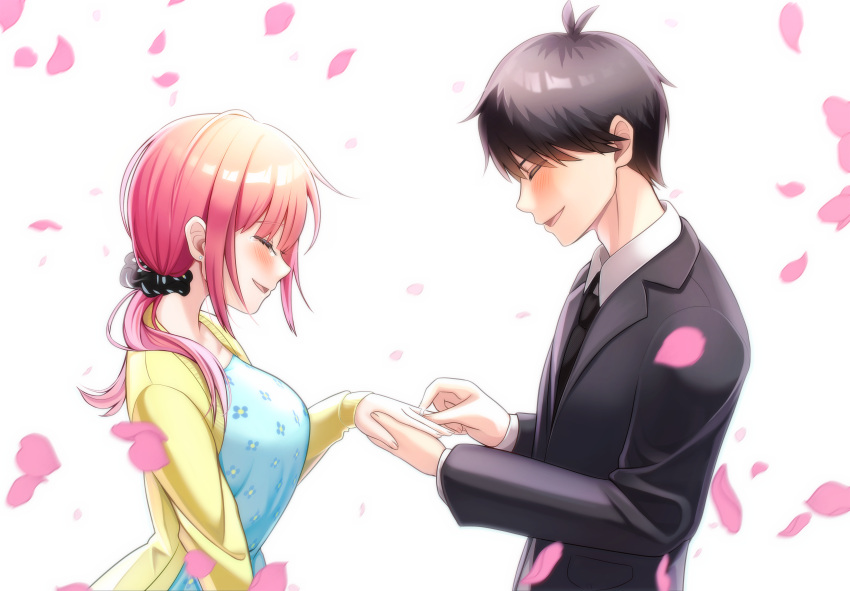 1_boy 1girl :d absurdres bangs black_hair black_necktie black_scrunchie black_suit blue_dress blunt_bangs blush breasts cardigan closed_eyes collarbone dress engagement_ring floral_print formal from_side go-toubun_no_hanayome happy happy_tears highres holding_hands kurosaki_coco large_breasts nakano_nino necktie open_cardigan open_clothes petals pink_hair proposal raised_eyebrows scrunchie shirt simple_background sleeves_past_wrists smile speech_bubble suit tears twintails uesugi_fuutarou white_background white_shirt yellow_cardigan