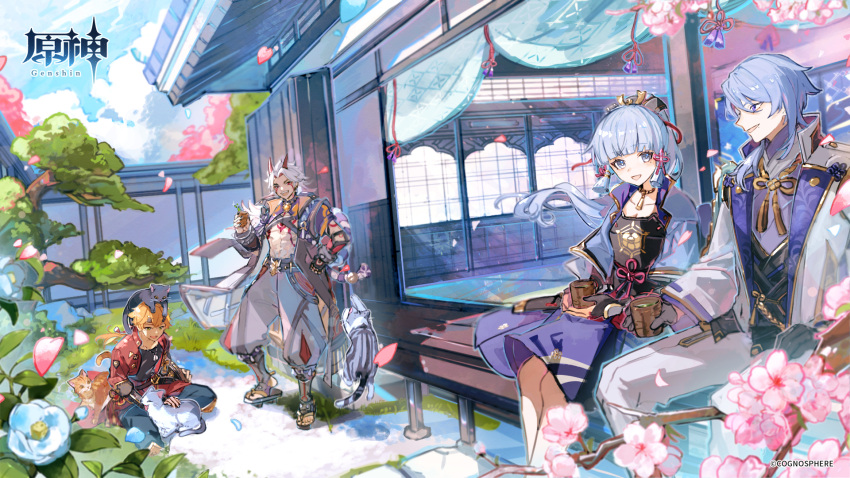 1girl 3boys abs animal arataki_itto armor bangs black_gloves blonde_hair blunt_bangs cat cherry_blossoms choker closed_eyes clouds cup day dog_tags fake_horns flower genshin_impact gloves hair_between_eyes hair_ribbon headband highres holding holding_cup horned_headwear horns japanese_armor kamisato_ayaka kamisato_ayato kuunog long_hair long_sleeves mole mole_under_eye mole_under_mouth multiple_boys official_art open_mouth outdoors partially_fingerless_gloves petals pink_ribbon ponytail ribbon ribbon-trimmed_sleeves ribbon_trim sidelocks sitting sky standing tea thoma_(genshin_impact) toned toned_male tree tress_ribbon wide_sleeves yunomi