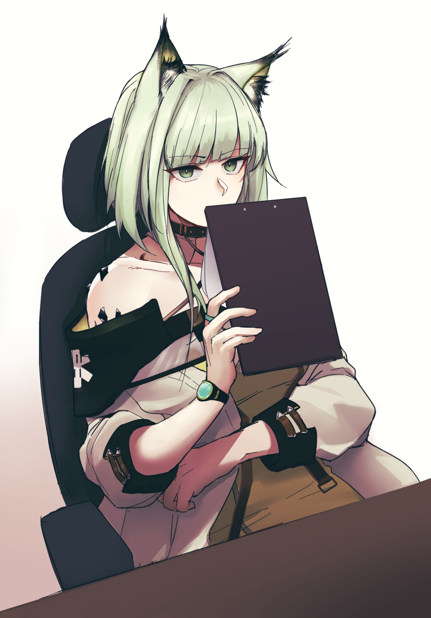 1girl absurdres animal_ear_fluff animal_ears arknights bangs bare_shoulders chair clipboard coat collar covering_mouth dress green_dress green_eyes green_hair gwangvt highres holding holding_clipboard kal'tsit_(arknights) long_hair long_sleeves looking_at_viewer off-shoulder_coat off_shoulder office_chair oripathy_lesion_(arknights) sitting solo table white_coat wristband