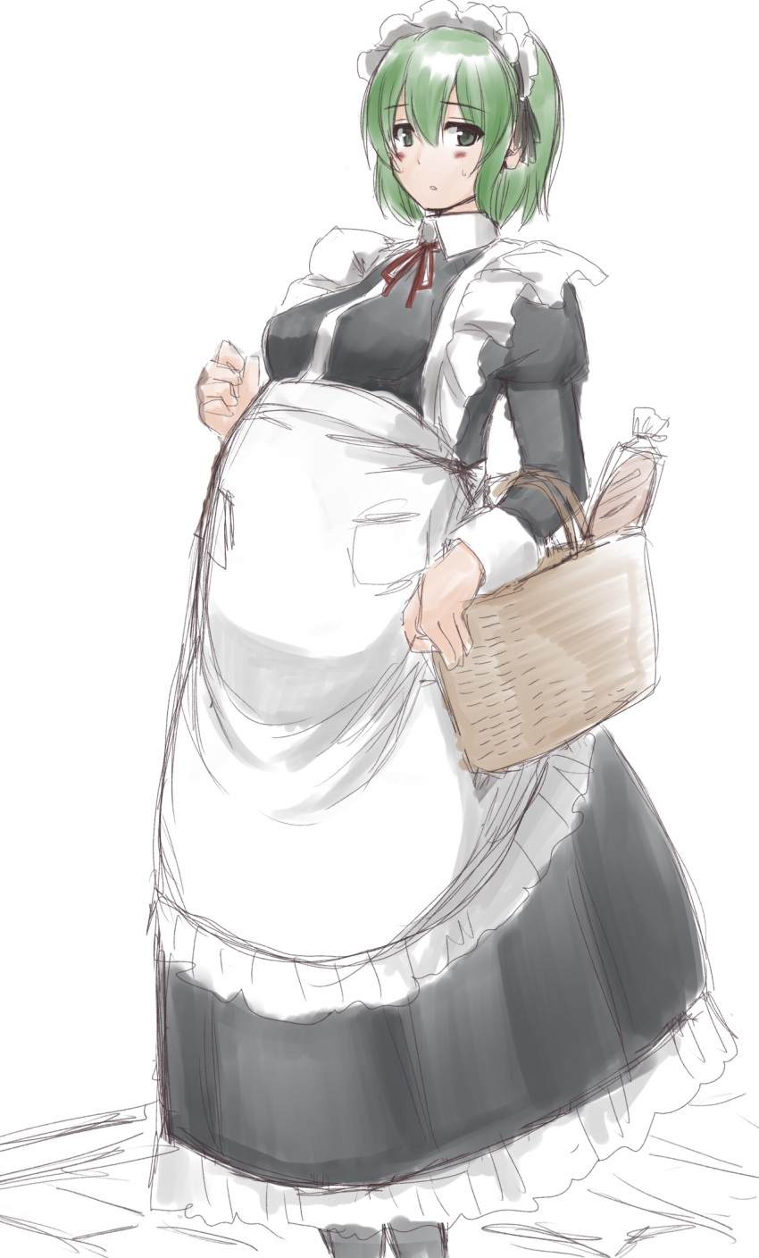1girl artist_request bag bread character_request green_eyes green_hair maid maid_uniform pregnant shirt simple_background skirt solo white_background