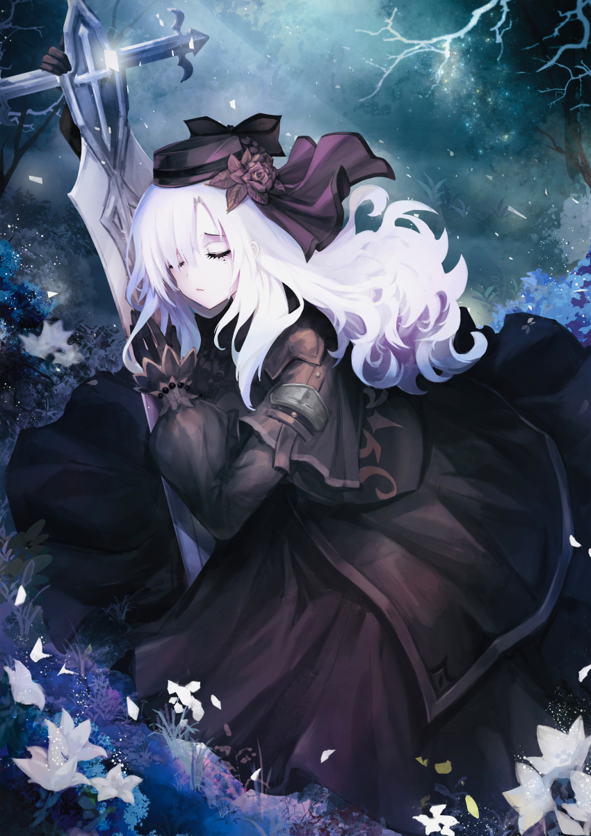 1girl absurdres arm_up asymmetrical_bangs bangs black_dress black_flower black_gloves black_headwear closed_eyes dress fate/grand_order fate_(series) flower from_above gloves hair_flower hair_ornament highres holding kriemhild_(fate) layered_dress long_dress long_hair mole mole_under_eye outdoors saya_kuroha solo very_long_hair white_hair