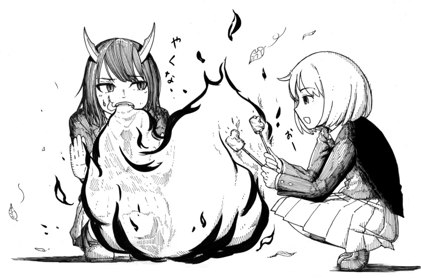 2girls aoki_ruri bangs blazer breathing_fire buttons collared_shirt dragon_girl dragon_horns fire food greyscale hatching_(texture) heel_up horns jacket kiriyankeitai linear_hatching loafers long_sleeves looking_to_the_side marshmallow medium_hair medium_skirt monochrome multiple_girls necktie open_mouth parted_bangs pleated_skirt ruri_dragon school_uniform shirt shoes simple_background skewer skirt slit_pupils squatting sweatdrop swept_bangs white_background yuka_(ruri_dragon)