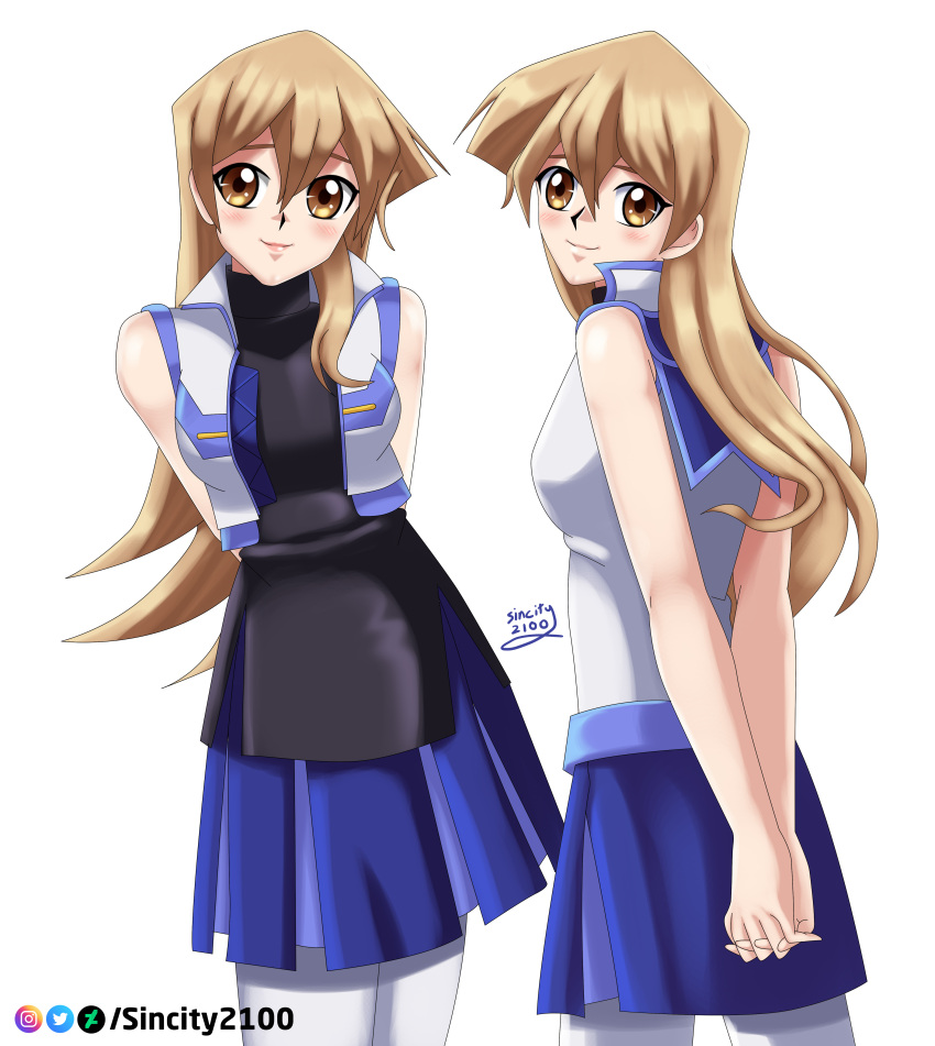 2girls alternate_costume arms_behind_back blonde_hair blue_skirt blush cute duel_academy_uniform_(yu-gi-oh!_gx) looking_at_viewer sincity2100 smile tenjouin_asuka turtleneck white_shirt white_vest yellow_eyes yu-gi-oh! yuu-gi-ou yuu-gi-ou_arc-v yuu-gi-ou_gx