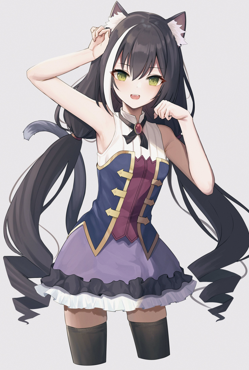 1girl :d absurdres amrita_(amber78gou) animal_ear_fluff animal_ears arm_up bare_arms black_hair black_legwear black_ribbon bustier cat_ears cat_girl cat_tail cowboy_shot cropped_legs floating_hair gem green_eyes grey_background hair_between_eyes highres jewelry karyl_(princess_connect!) long_hair miniskirt multicolored_hair neck_ribbon open_mouth princess_connect! purple_skirt red_gemstone ribbon ring shiny shiny_hair shirt simple_background skirt sleeveless sleeveless_shirt smile solo standing streaked_hair tail thigh-highs very_long_hair white_hair white_shrit zettai_ryouiki