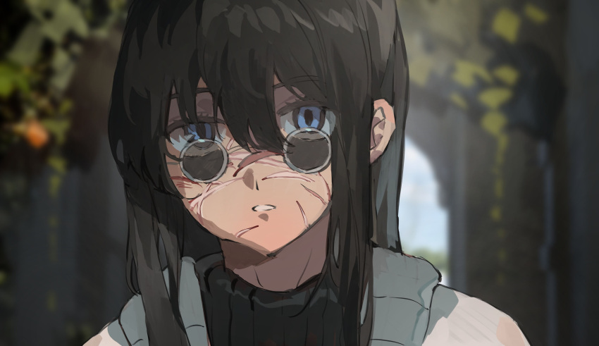 1girl absurdres black_hair blue_eyes blurry blurry_background chocolate_(jitong) coat glasses highres original parted_lips scar scar_on_face sweater turtleneck turtleneck_sweater white_coat