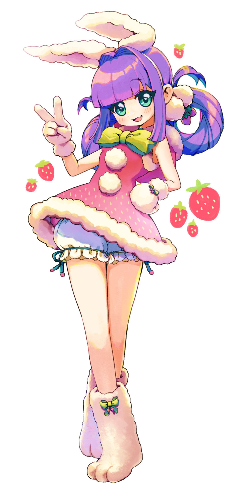 1girl :3 :d absurdres animal_ears bangs bloomers blunt_bangs blush bow bowtie crossed_legs dress fang food food-themed_clothes food_print footwear_bow fruit fur fur_gloves fur_trim glove_bow gloves green_eyes hair_intakes hair_ornament hair_rings hairband hand_on_hip highres long_hair looking_at_viewer open_mouth original paw_shoes pom_pom_(clothes) pom_pom_hair_ornament purple_hair q_yan31 rabbit_ears sleeveless sleeveless_dress smile solo strawberry strawberry_print underwear v