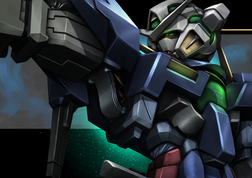 green_eyes gundam gundam_00 gundam_exia highres hiraken looking_to_the_side mecha mobile_suit no_humans robot science_fiction solo upper_body v-fin