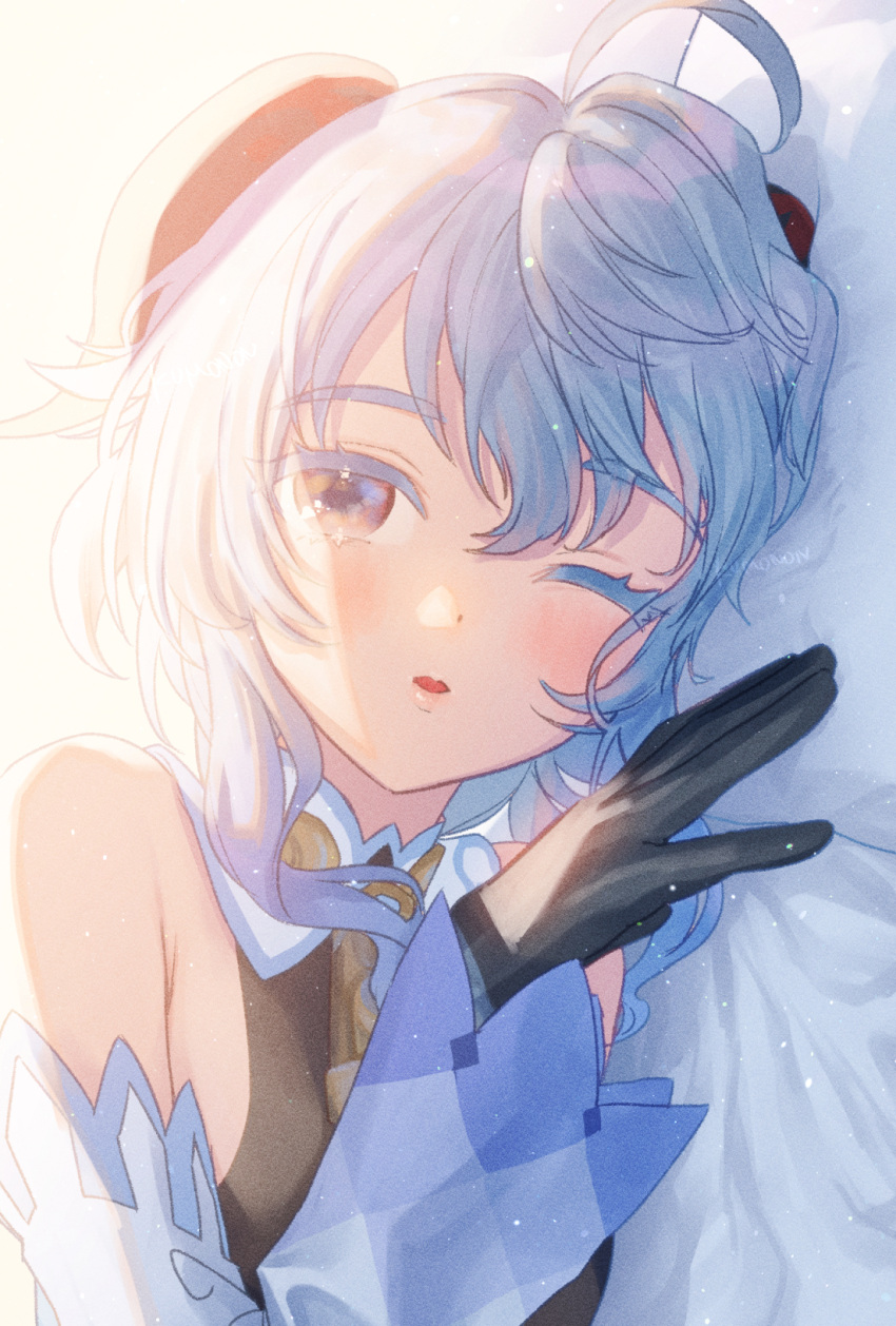 1girl ahoge bangs bare_shoulders bed bell black_gloves blue_hair blush detached_sleeves ganyu_(genshin_impact) genshin_impact gloves highres horns kumonon_(8f2k3) long_hair looking_at_viewer lying neck_bell on_side one_eye_closed open_mouth pillow pov sidelocks solo violet_eyes waking_up white_sleeves