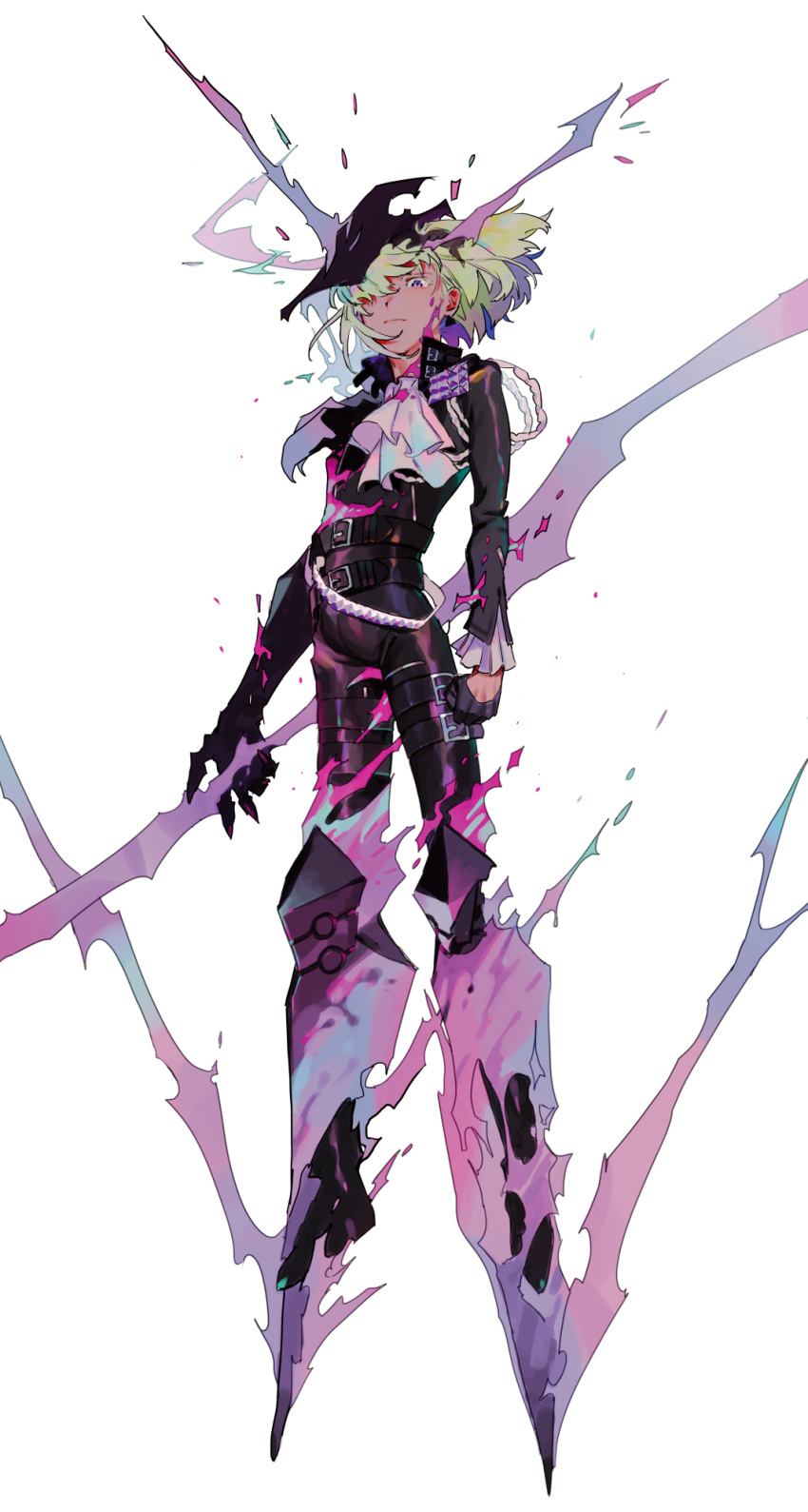 1boy armor ascot black_gloves black_mask fire full_body gloves green_hair hair_over_one_eye highres holding lio_fotia long_sleeves male_focus mask mask_on_head promare purple_fire simple_background solo violet_eyes white_ascot white_background yagita_(astronomie)