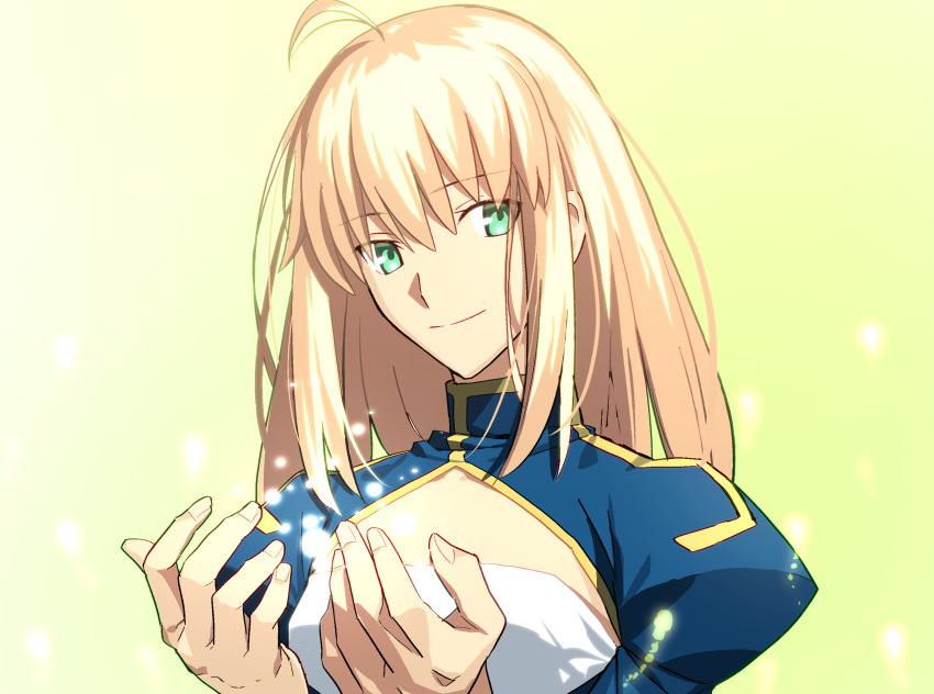 1girl ahoge artoria_pendragon_(fate) bangs blonde_hair dress eyebrows_behind_hair fate/grand_order fate/stay_night fate_(series) green_eyes hair_between_eyes highres long_hair looking_at_viewer official_style saber sen_(77nuvola) smile solo upper_body