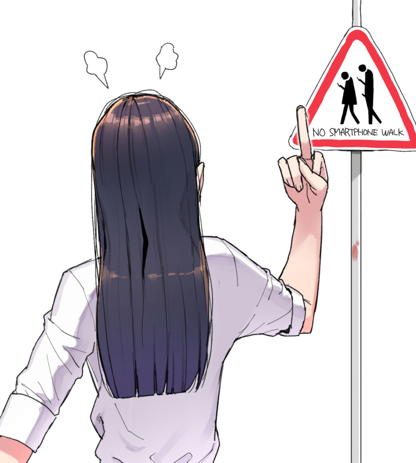 1girl angry back black_hair brown_hair fingernails gradient gradient_hair grey_background highres long_hair middle_finger multicolored_hair ohasi original road_sign sign simple_background sleeves_rolled_up solo