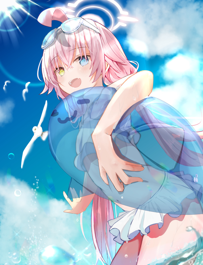 1girl balloon bangs bird blue_archive blue_eyes blue_sky blush clouds goggles heterochromia highres holding hoshino_(blue_archive) hoshino_(swimsuit)_(blue_archive) long_hair looking_at_viewer navel nekozya1 open_mouth outdoors pink_hair seal_(animal) sky smile standing swimsuit thighs twintails water yellow_eyes