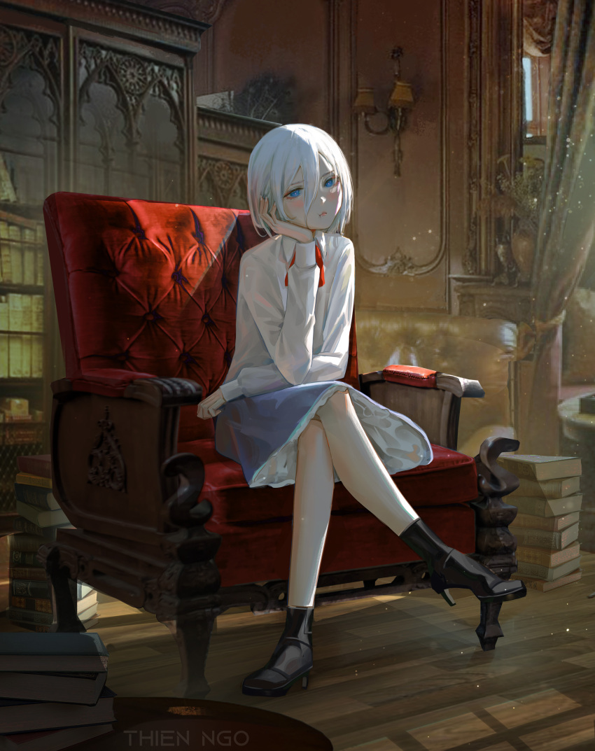 1girl :t absurdres blue_eyes book bookshelf crossed_legs curtains head_on_hand high_heels highres leather_chair light_particles original pout sunlight thien_ngo white_hair