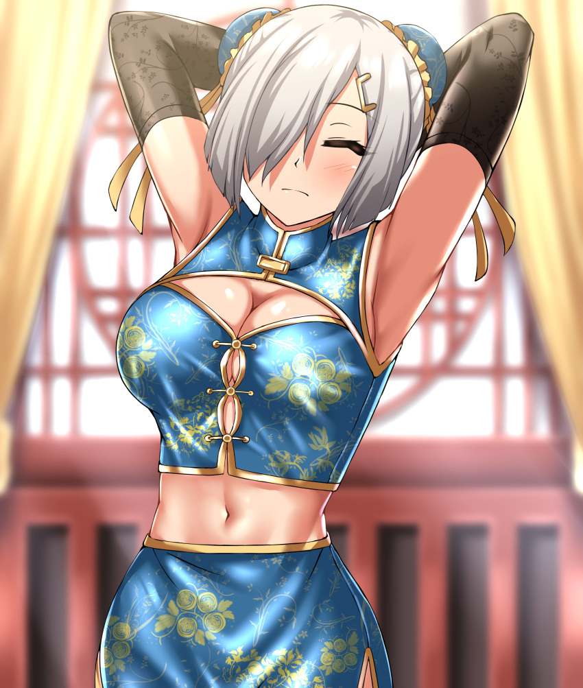 1girl absurdres alternate_costume alternate_hairstyle armpits arms_behind_head arms_up black_gloves breasts bun_cover chinese_clothes closed_eyes double_bun elbow_gloves gloves grey_hair hair_bun hair_ornament hair_over_one_eye hairclip hamakaze_(kancolle) highres kantai_collection large_breasts midriff navel short_hair sleeveless solo upper_body zanntetu