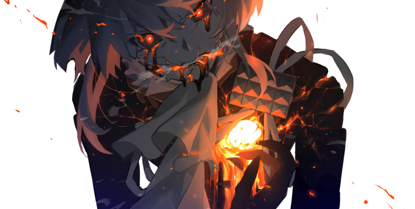 1boy ascot bangs black_sclera clenched_teeth colored_sclera cracked_skin fire hair_between_eyes highres lio_fotia looking_at_viewer male_focus molten_rock promare red_eyes simple_background solo steam sweat tears teeth white_background yagita_(astronomie)