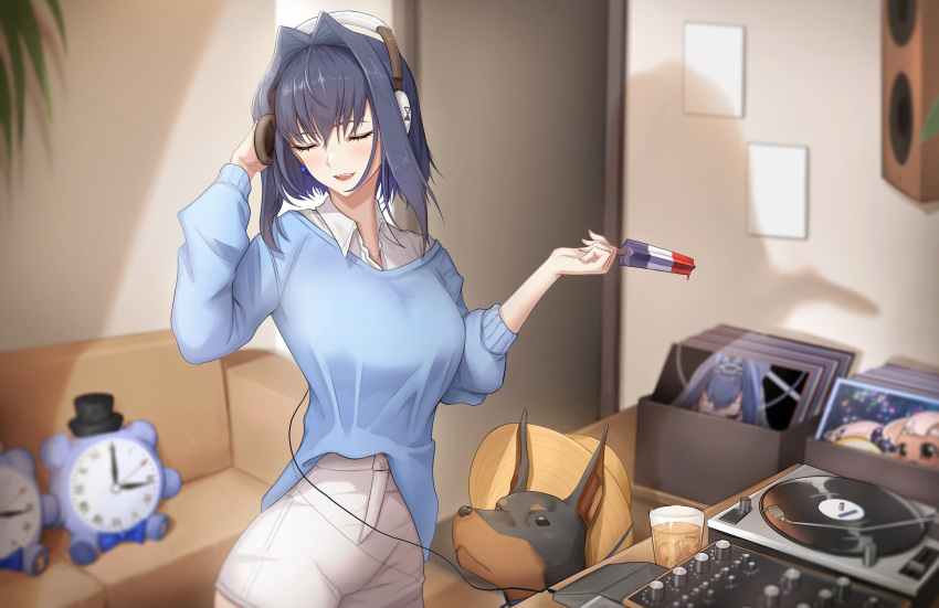 1girl absurdres blue_eyes blue_hair bow bow_earrings breasts closed_eyes couch cowboy_shot cup dog earrings hair_between_eyes hair_intakes hat headphones highres holding hololive hololive_english indoors jewelry large_breasts long_sleeves open_mouth ouro_kronii shadow shorts solo teeth tongue tsukumo_sana zenya