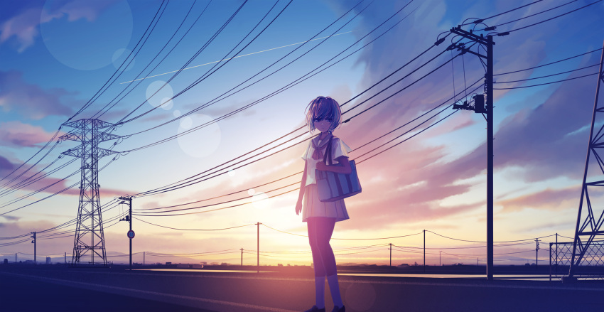 1girl bag black_legwear blurry clouds commentary_request fence grey_sailor_collar grey_skirt highres holding holding_bag kneehighs lake looking_at_viewer original outdoors power_lines revision ribbon road road_sign sailor_collar scenery school_uniform serafuku short_hair sign skirt sky solo standing street sun_glare sunrise transmission_tower utility_pole white_legwear yuhack