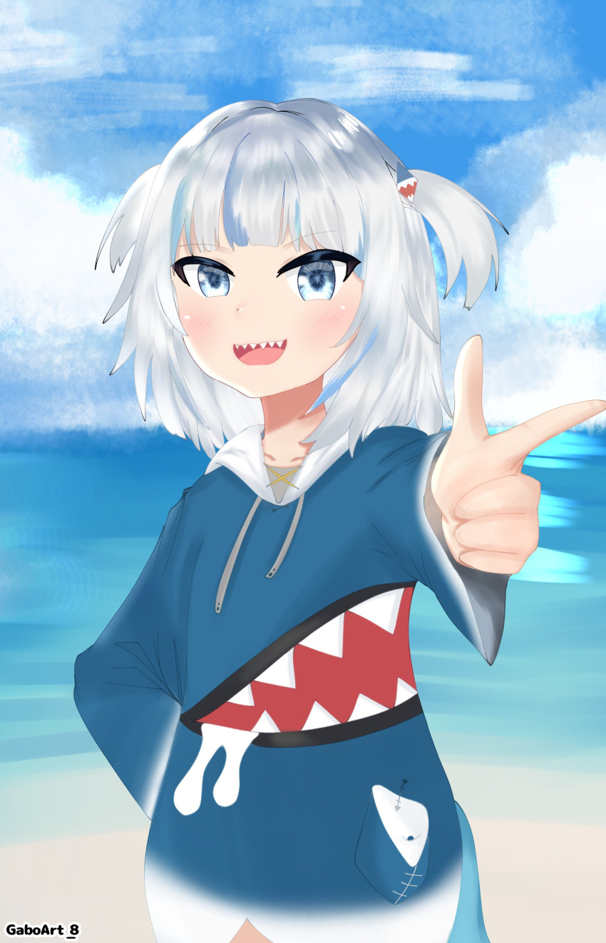1girl absurdres animal_hood beach blue_eyes blue_jacket clouds fish_tail gaboart_8 gawr_gura hair_ornament highres hololive hololive_english hood jacket looking_at_viewer medium_hair multicolored_hair ocean open_mouth pointing shark_girl shark_hair_ornament shark_hood shark_tail short_twintails solo solo_focus tail teeth twintails virtual_youtuber white_hair