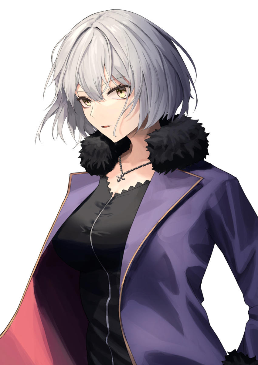 1girl black_shirt breasts collarbone fate/grand_order fate_(series) fur-trimmed_sleeves fur_trim grey_hair hair_between_eyes highres jacket jeanne_d'arc_alter_(fate) jewelry long_sleeves medium_breasts medium_hair necklace niwagon1521 open_clothes open_jacket open_mouth purple_jacket shiny shiny_hair shirt simple_background solo upper_body white_background yellow_eyes