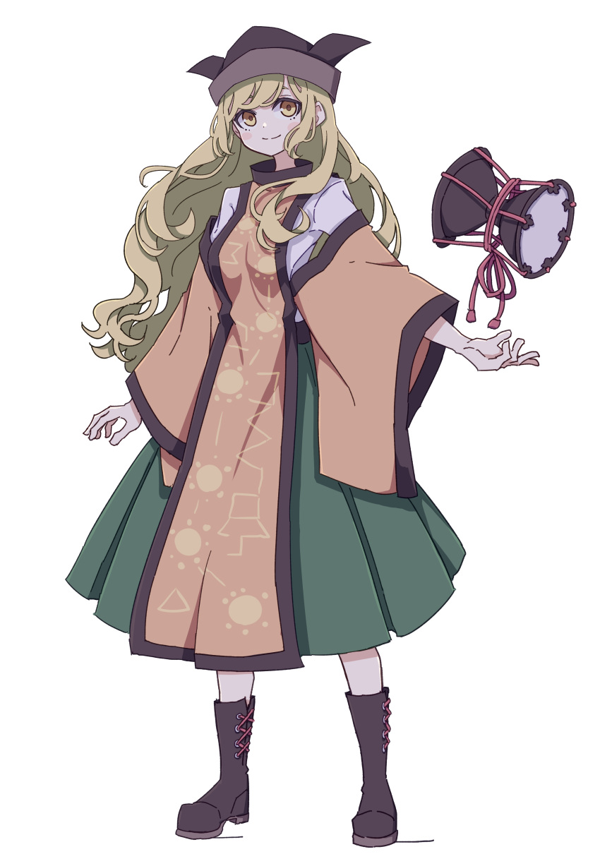1girl absurdres black_footwear black_headwear blonde_hair blush_stickers boots closed_mouth constellation_print drum full_body green_skirt hat highres instrument kame_(kamepan44231) knee_boots long_hair matara_okina one-hour_drawing_challenge orange_sleeves pleated_skirt simple_background skirt smile solo tabard touhou tsuzumi white_background wide_sleeves yellow_eyes