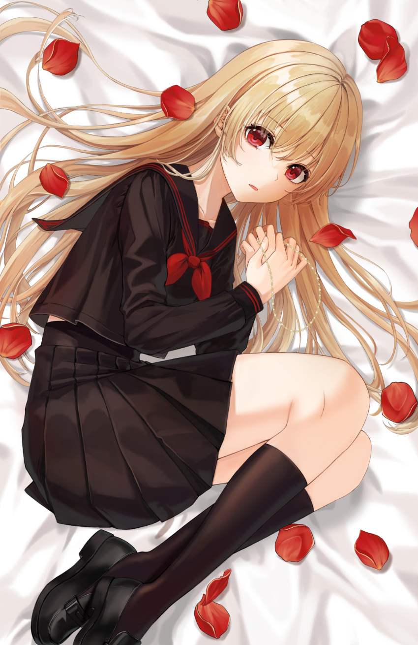 1girl bed_sheet black_footwear black_sailor_collar black_serafuku black_shirt black_skirt blonde_hair chiya_(twitter) collared_shirt commission fetal_position from_above hair_between_eyes highres holding long_hair long_sleeves lying miniskirt neckerchief on_side open_mouth original petals pleated_skirt red_eyes red_neckerchief sailor_collar school_uniform serafuku shiny shiny_hair shirt skirt solo straight_hair very_long_hair