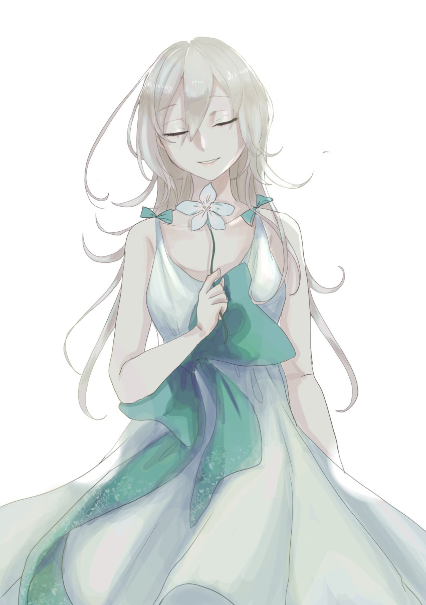 1girl bow closed_eyes collarbone dress flower highres long_hair nier nier_(series) simple_background smile solo waist_bow white_background white_dress white_hair yonah