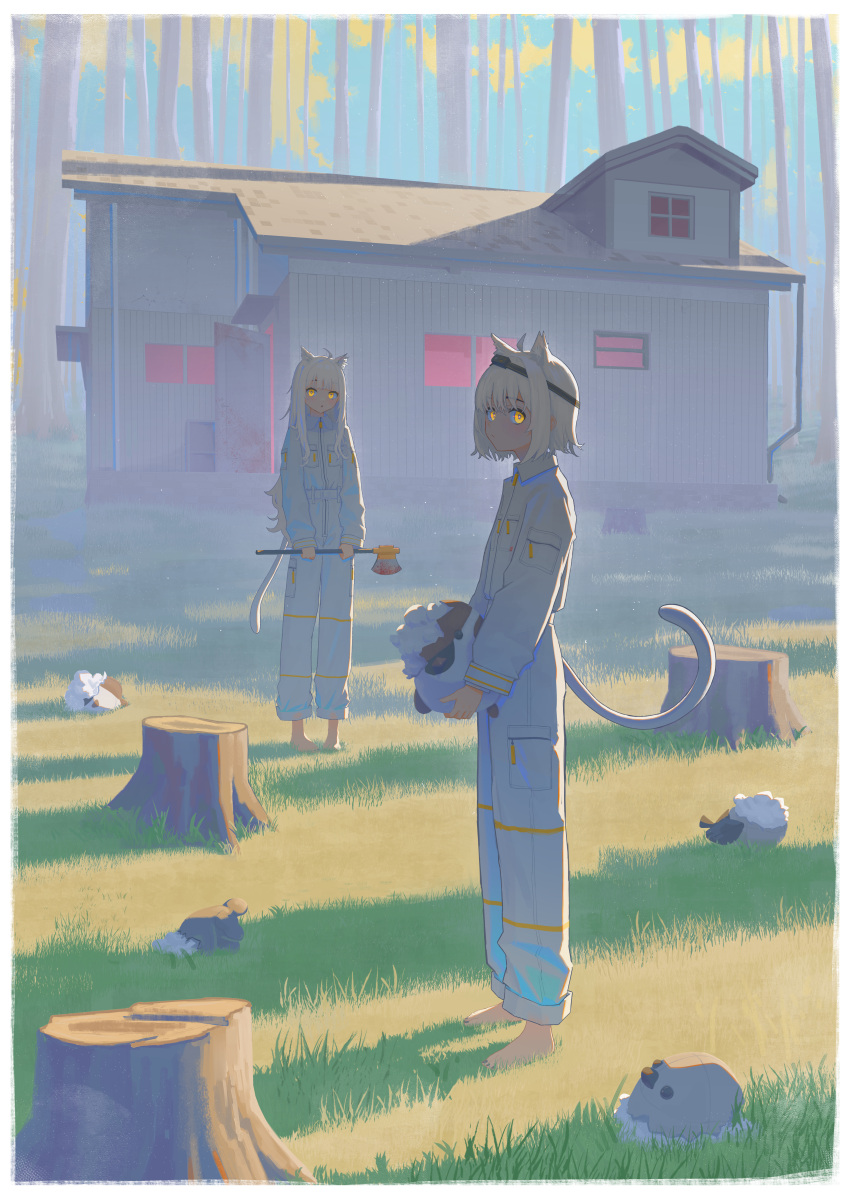 1boy 1girl absurdres ahoge animal_ear_fluff animal_ears axe bangs barefoot belt blood blunt_bangs border cat_ears cat_tail closed_mouth collared_shirt commentary eyebrows_behind_hair full_body grass grey_belt grey_hair grey_pants grey_shirt highres holding holding_axe house long_hair long_sleeves looking_at_viewer medium_hair original outdoors pants parted_lips scenery shirt shirt_tucked_in shunken_he sidelocks tail tree tree_stump white_border yellow_eyes