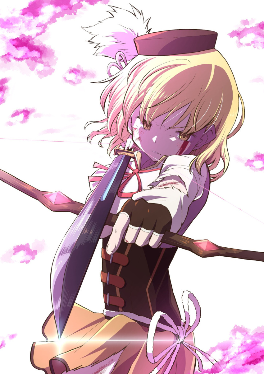 1girl alternate_hairstyle black_gloves blonde_hair blood blood_on_face bow bow_(weapon) corset dutch_angle fingerless_gloves gloves hat highres magia_record:_mahou_shoujo_madoka_magica_gaiden magical_girl mahou_shoujo_madoka_magica medium_hair shirt skirt solo sword tomoe_mami torn_clothes torn_skirt torn_sleeves touyu_(yuruyuruto) weapon white_background white_bow white_shirt yellow_eyes