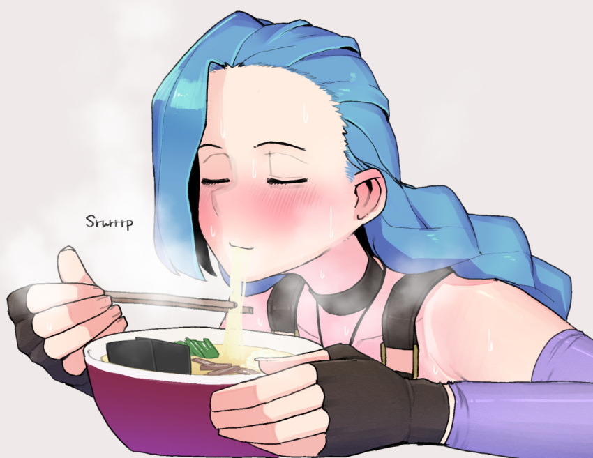 1girl armpit_crease bare_shoulders black_choker black_gloves blue_hair blush bowl choker chopsticks closed_eyes closed_mouth collarbone eating fingerless_gloves fingernails food food_in_mouth gloves grey_background holding holding_bowl holding_chopsticks jewelry jinx_(league_of_legends) league_of_legends long_hair necklace noodles ohasi ramen simple_background solo steam sweat upper_body