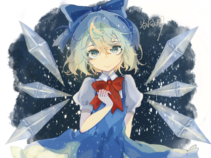 1girl absurdres arm_at_side blue_bow blue_dress blue_eyes blue_hair bow bowtie chao_ru_xifeng cirno closed_mouth collared_shirt dress hair_between_eyes hair_bow hand_up highres ice ice_wings looking_at_viewer medium_hair pinafore_dress puffy_short_sleeves puffy_sleeves red_bow red_bowtie shirt short_sleeves smile snowing solo touhou upper_body white_shirt wings