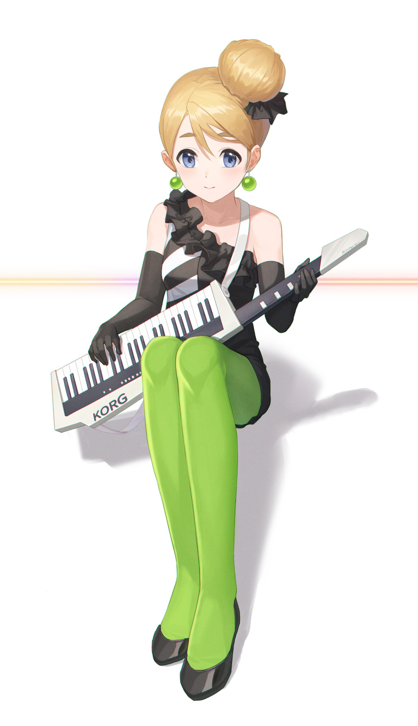 1girl absurdres bangs black_dress black_footwear blonde_hair blue_eyes commentary don't_say_"lazy" dress english_commentary full_body green_legwear hair_bun highres holding holding_instrument instrument k-on! keyboard_(instrument) kotobuki_tsumugi long_hair looking_at_viewer pantyhose single_hair_bun sitting smile solo yidie