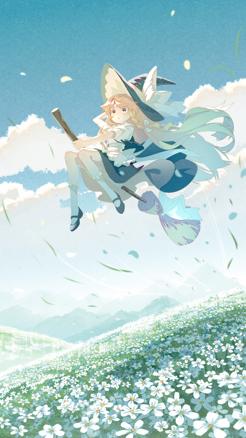 1girl :o absurdres apron black_headwear black_skirt blonde_hair bloomers bow braid broom broom_riding clouds day floating_hair flower grass hair_bow hand_on_headwear hat hat_bow highres holding holding_broom jiege kirisame_marisa kneehighs long_hair looking_afar mary_janes open_mouth outdoors puffy_short_sleeves puffy_sleeves shirt shoes short_sleeves single_braid skirt sky solo touhou underwear very_long_hair waist_apron white_apron white_bloomers white_bow white_flower white_legwear white_shirt wide_shot witch_hat yellow_eyes