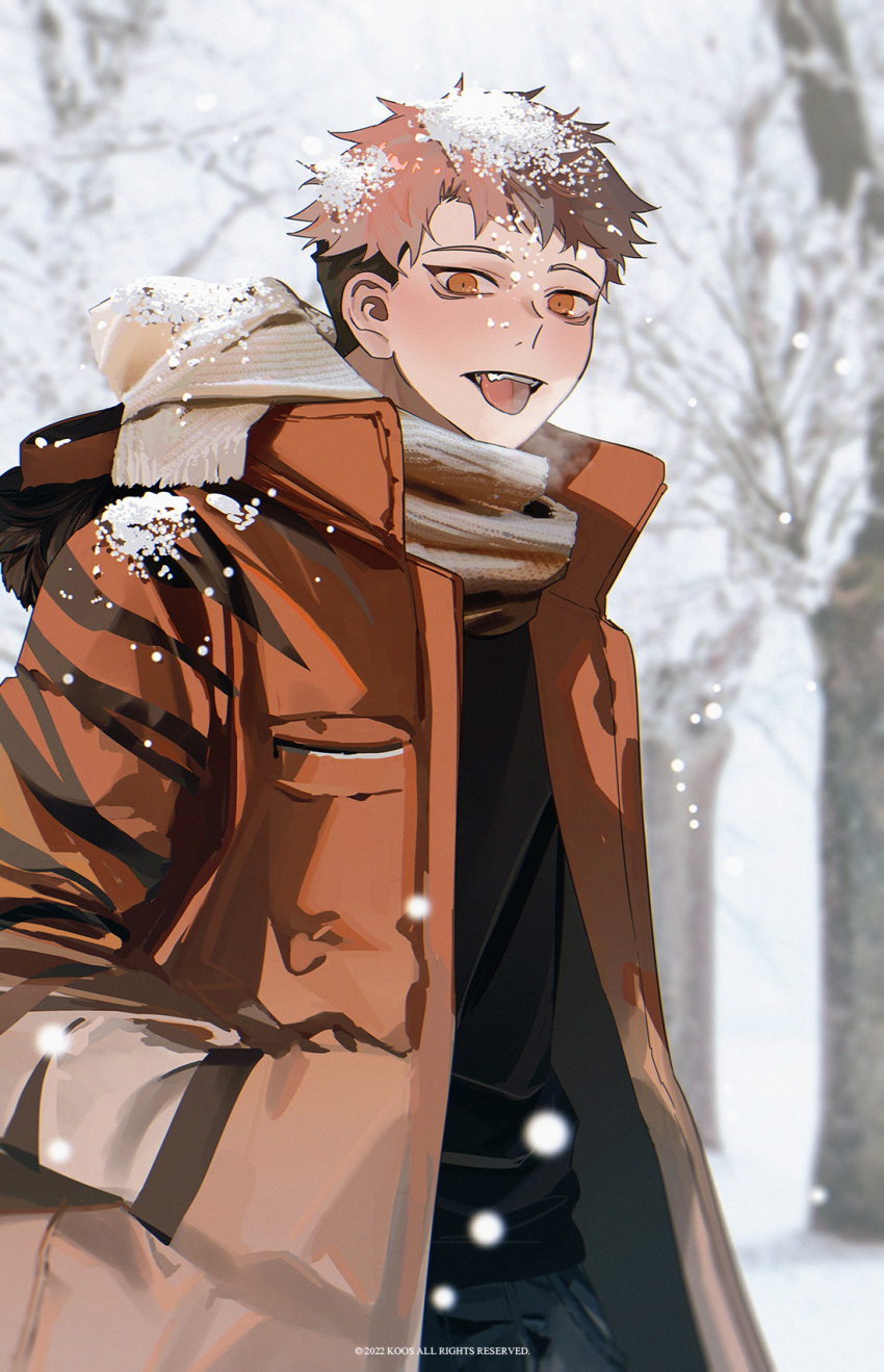 1boy :p animal_print black_sweater blush brown_eyes brown_scarf coat commentary facial_mark fur_trim hand_in_pocket highres itadori_yuuji jujutsu_kaisen k00s long_sleeves looking_at_viewer male_focus outdoors pants photo-referenced pink_hair scarf short_hair snow snowing solo sweater tiger_print tongue tongue_out tree undercut winter winter_clothes winter_coat