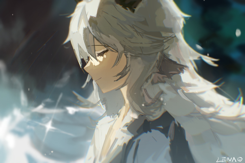 1boy animal_ears arknights artist_name blurry blurry_background closed_eyes closed_mouth depth_of_field from_side goat_boy goat_ears goat_horns highres horns kreide_(arknights) lens_flare monkeyball2011 profile smile solo sparkle upper_body water