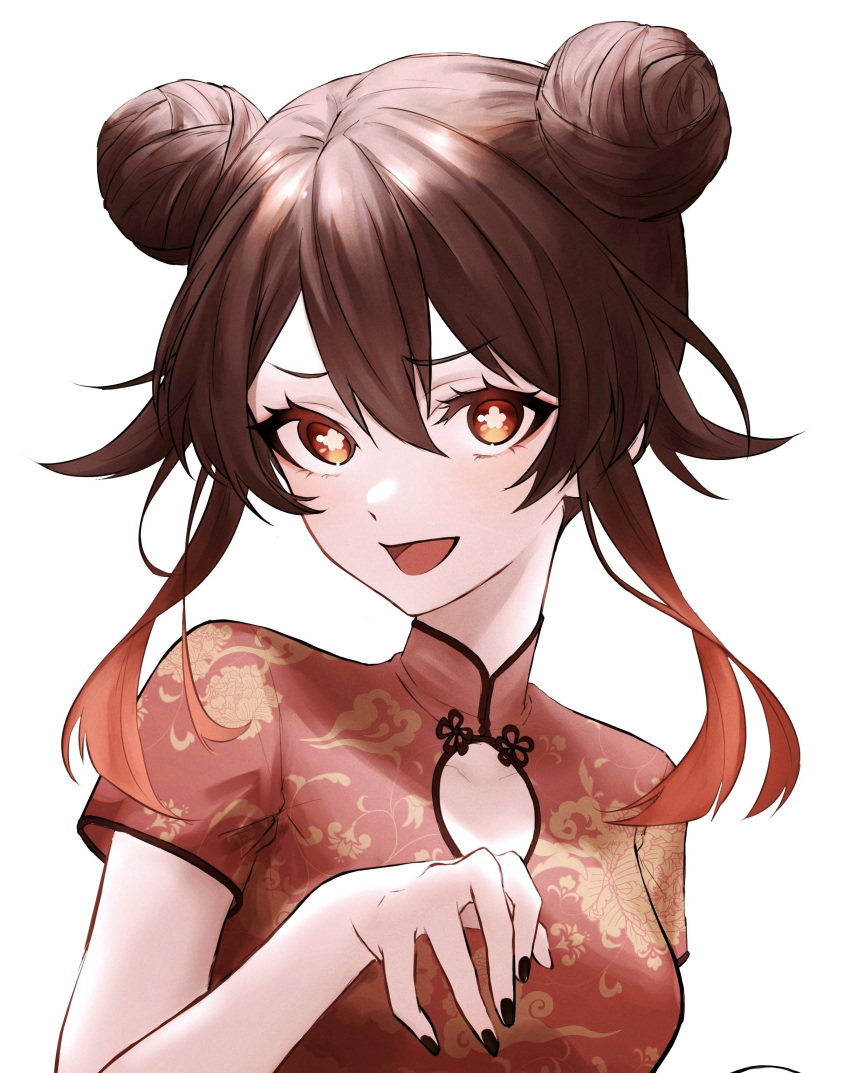 1girl absurdres black_nails blush brown_hair chinese_clothes double_bun flower-shaped_pupils genshin_impact gradient_hair hair_bun highres hu_tao_(genshin_impact) kochi_4 looking_at_viewer multicolored_hair open_mouth red_eyes symbol-shaped_pupils white_background