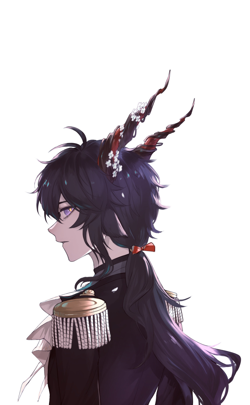 1boy absurdres arknights ascot black_hair ebenholz_(arknights) epaulettes from_side goat_horns hair_ribbon highres horns long_hair looking_at_viewer looking_to_the_side low_ponytail parted_lips red_ribbon ribbon sideways_glance simple_background solo upper_body wanezhiyauna white_ascot white_background