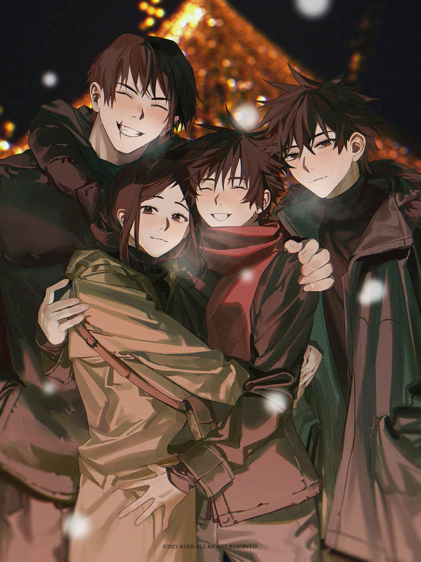 2boys 2girls bag bangs black_coat black_hair blurry blush brown_eyes brown_hair brown_pants christmas closed_eyes closed_mouth coat commentary_request eyelashes facing_viewer family father_and_son fur_trim fushiguro_megumi fushiguro_touji fushiguro_tsumiki green_eyes grin hair_between_eyes hands_in_pockets happy highres hug jujutsu_kaisen k00s long_hair long_sleeves looking_at_viewer megumi's_mother_(jujutsu_kaisen) mother_and_son multiple_boys multiple_girls open_clothes open_coat outdoors pants ponytail red_scarf scar scar_on_face scar_on_mouth scarf short_hair sidelocks smile spiky_hair standing step-siblings sweater teeth winter_clothes winter_coat