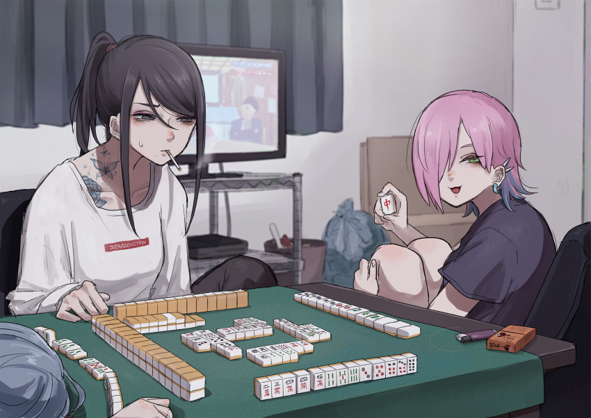 3girls black_hair black_pants black_shirt blue_hair cigarette cigarette_pack colored_inner_hair curtains dvd_player ear_piercing highres lighter looking_at_another looking_at_viewer mahjong mahjong_tile multicolored_hair multiple_girls open_mouth original pants piercing pink_hair ponytail shirt smoking spike_piercing tabao table tattoo television trash_bag trash_can white_shirt