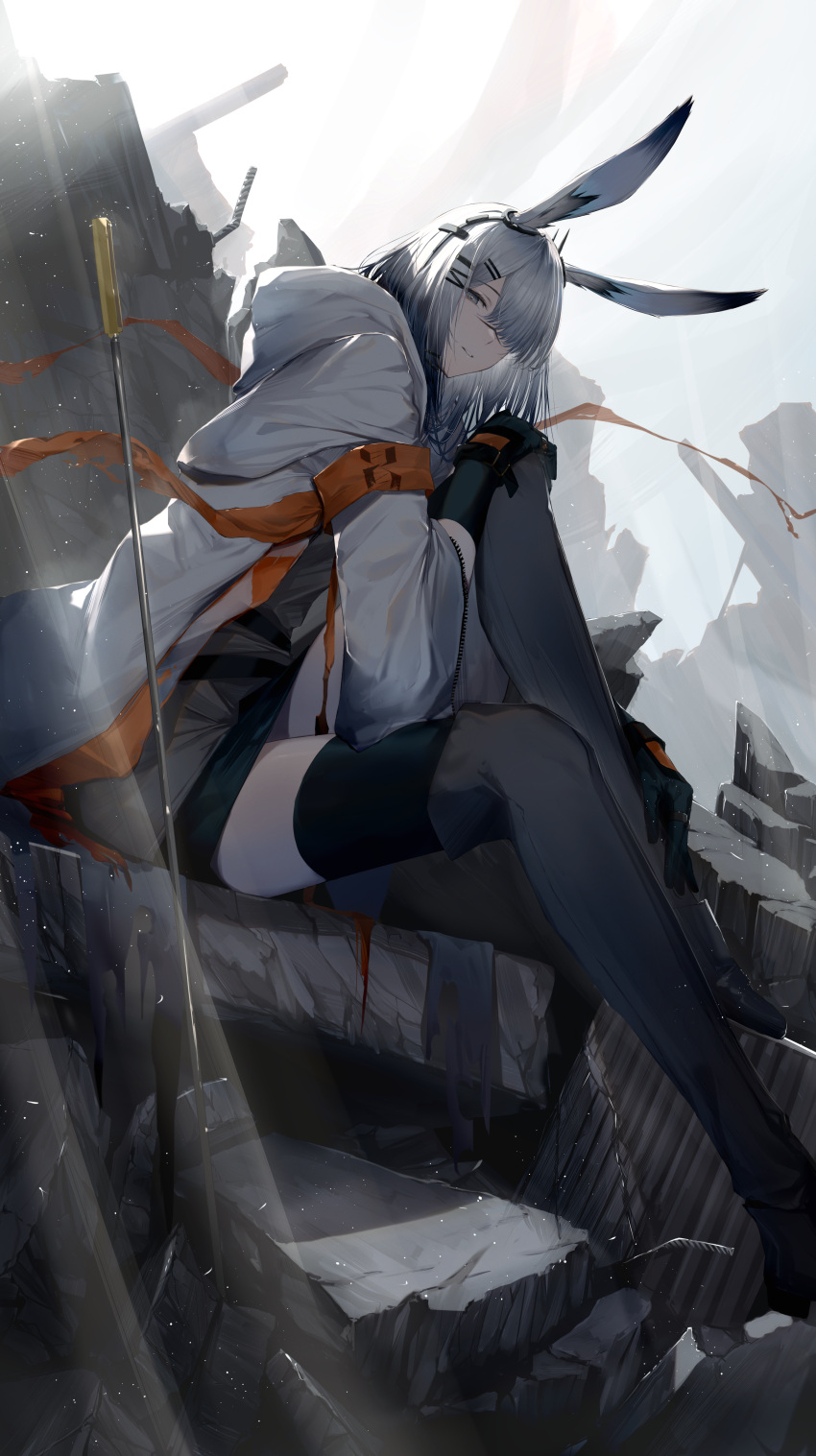 1girl absurdres animal_ears arknights bangs black_footwear boots from_side frostnova_(arknights) full_body grey_hair hair_ornament hairclip highres kurogiri long_sleeves looking_at_viewer looking_to_the_side outdoors parted_lips sitting smile solo thigh-highs thigh_boots thighs