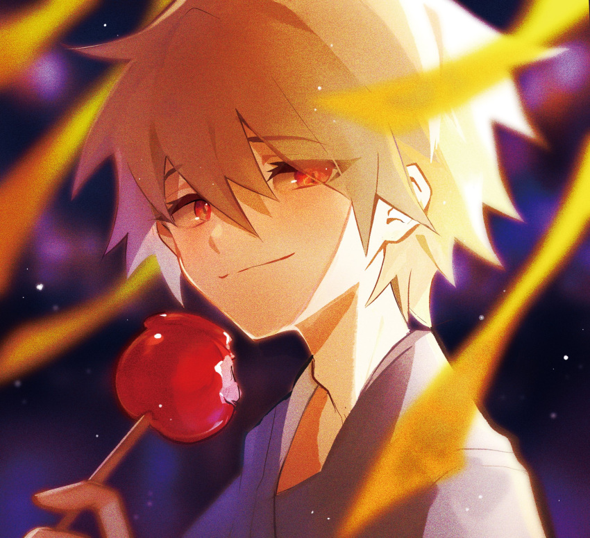 1boy bangs blurry chiiiirou depth_of_field grey_hair hair_between_eyes highres light_particles looking_at_viewer male_focus nagisa_kaworu neon_genesis_evangelion portrait red_eyes ribbon sky star_(sky) starry_sky wind yellow_ribbon