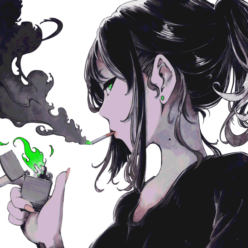 1girl black_hair black_shirt cigarette ear_piercing facing_away fire green_eyes green_fire highres kido_360 lighter looking_at_viewer mole mole_on_neck nail_polish original piercing ponytail shirt smoke smoking solo white_background