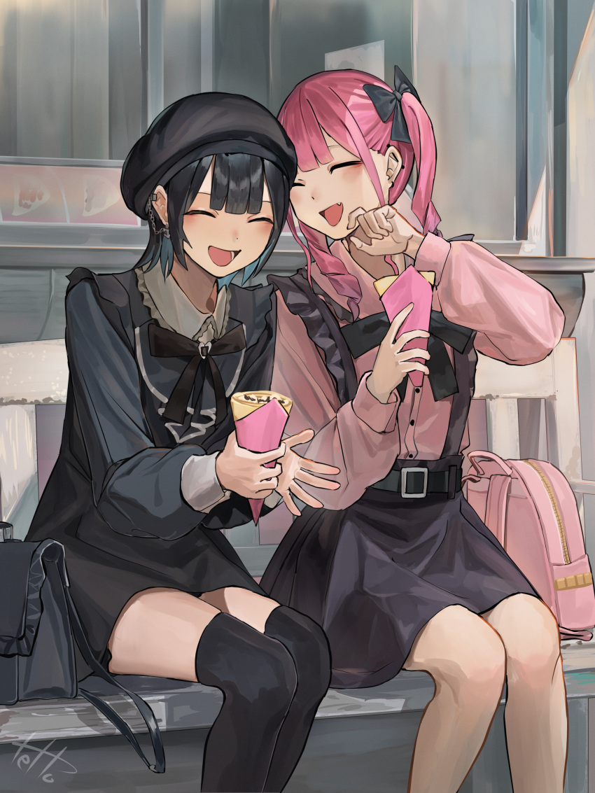 2girls ^_^ absurdres backpack bag bench beret black_bow black_dress black_hair black_headwear black_skirt black_thighhighs blue_hair blunt_bangs bow closed_eyes crepe double-parted_bangs douryou_(buta5813) dress ear_piercing eyeshadow fang food frills hair_bow handbag hat highres hinamizawa_hinami holding holding_food jirai_kei laughing makeup multicolored_hair multiple_girls open_mouth original piercing pink_hair pink_shirt shirt sidelocks sitting skirt tetto_(onnoveltet) thigh-highs twintails window