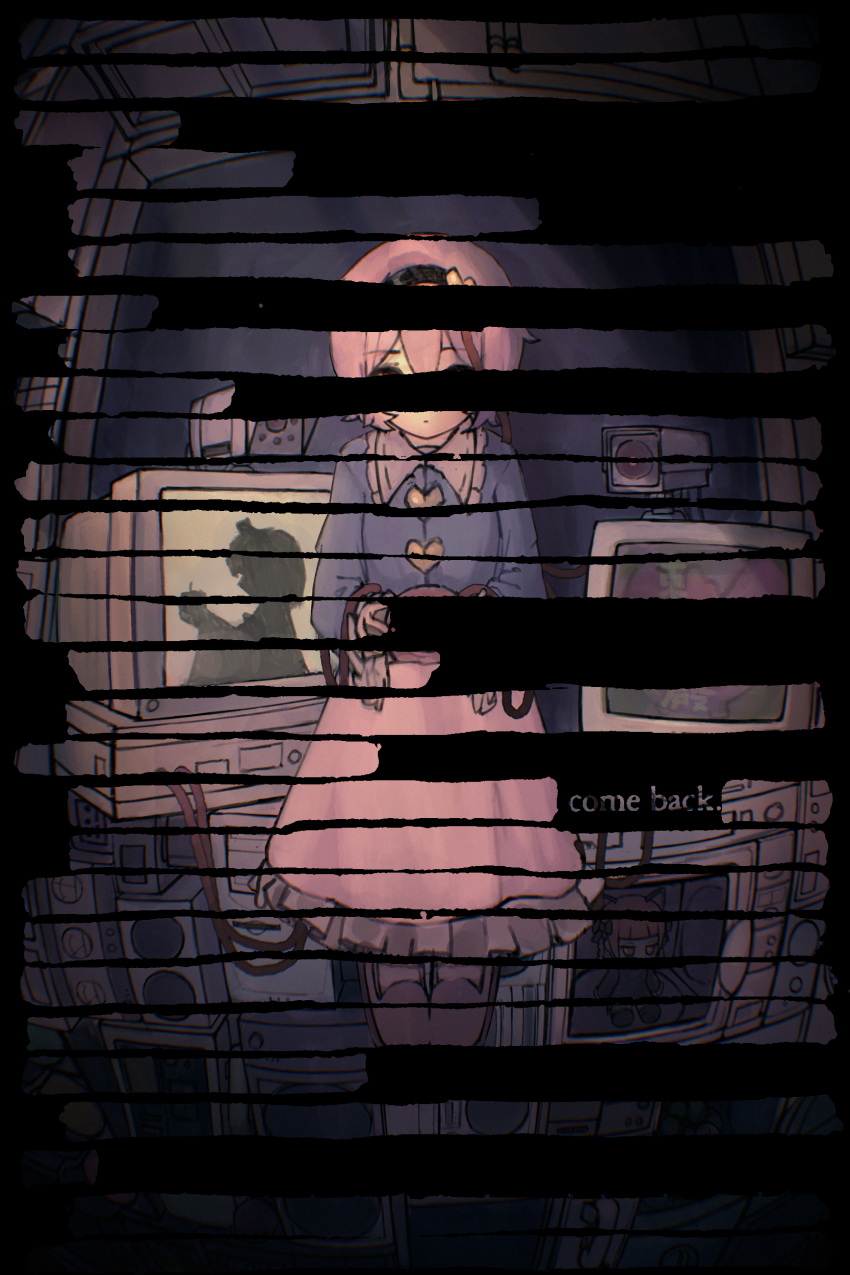 1girl absurdres akirama bad_apple!! black_hairband blackout_poetry blouse blue_shirt buttons commentary_request crt english_text expressionless eyeball fisheye frilled_shirt_collar frilled_sleeves frills fumo_(doll) hair_ornament hairband heart heart_button heart_hair_ornament highres indoors kaenbyou_rin komeiji_satori korean_commentary looking_at_viewer microwave phone pink_hair pink_skirt pink_slippers redaction security_camera shirt sitting skirt slippers solo speaker subterranean_animism television third_eye touhou