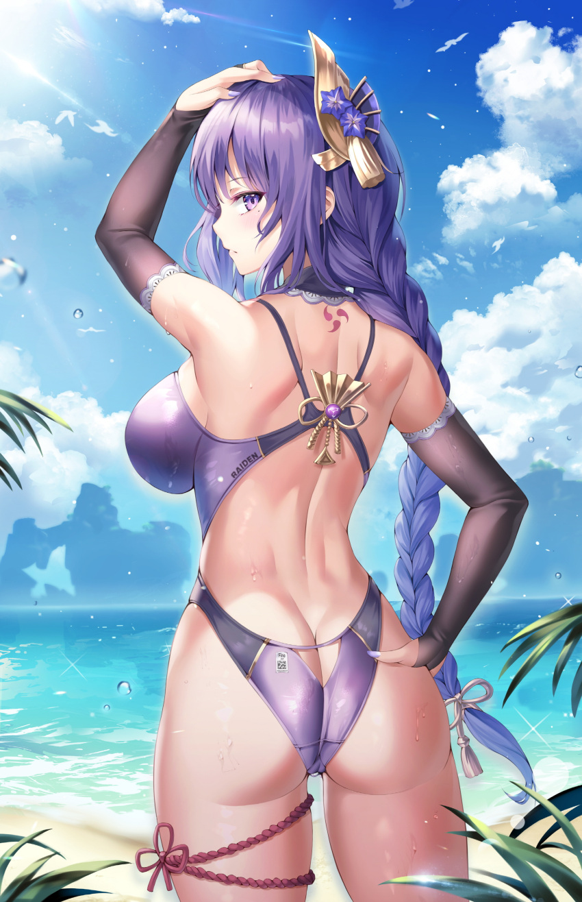 1girl ass ass_cutout back from_behind genshin_impact hair_over_ears looking_at_viewer looking_back one-piece_swimsuit purple_eyes purple_hair purple_swimsuit raiden_shogun swimsuit thighs