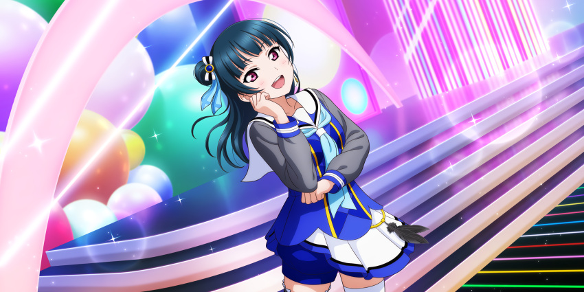 blue_hair dress long_hair love_live!_school_idol_festival_all_stars pink_eyes smile tsushima_yoshiko