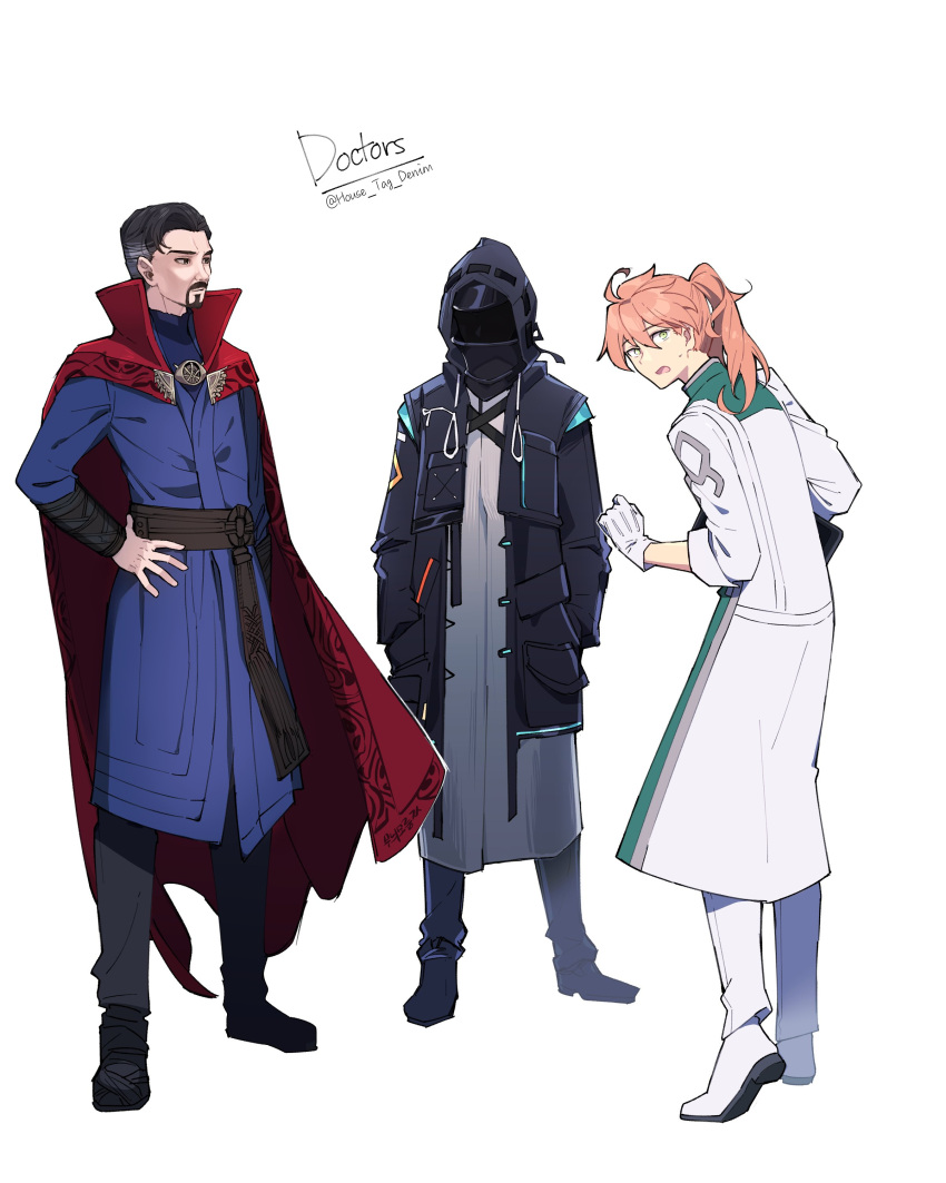 1other 2boys absurdres ahoge arknights beard black_coat black_eyes black_footwear black_hair black_pants blue_robe brown_sash cape chaldea_uniform closed_mouth coat collared_cape crossover doctor_(arknights) doctor_strange doctor_strange_(series) english_text faceless facial_hair fate/grand_order fate_(series) from_behind full_body gloves green_eyes hand_on_hip hands_in_pockets highres holding holding_tablet_pc hood hood_up hooded_coat house_tag_denim korean_commentary looking_ahead looking_at_viewer looking_back multiple_boys open_mouth orange_hair pants ponytail red_cape romani_archaman simple_background sleeves_folded_up standing sweatdrop tablet_pc trait_connection twitter_username undercut white_background white_coat white_footwear white_gloves white_pants white_robe